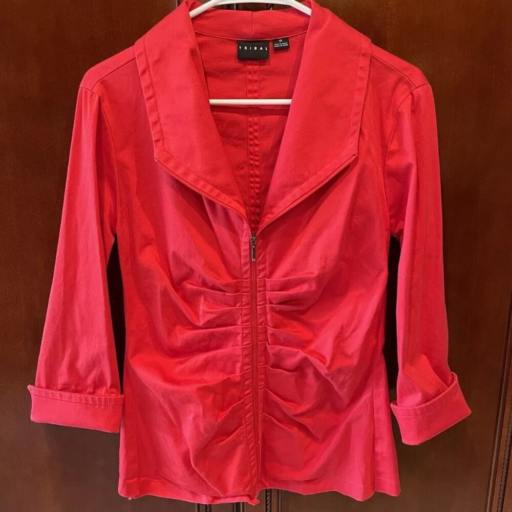 Tribal Red, Ruched Zip Front,Long Sleeve, Cuffed Sleeve,Stretchy Jacket Sz 12
